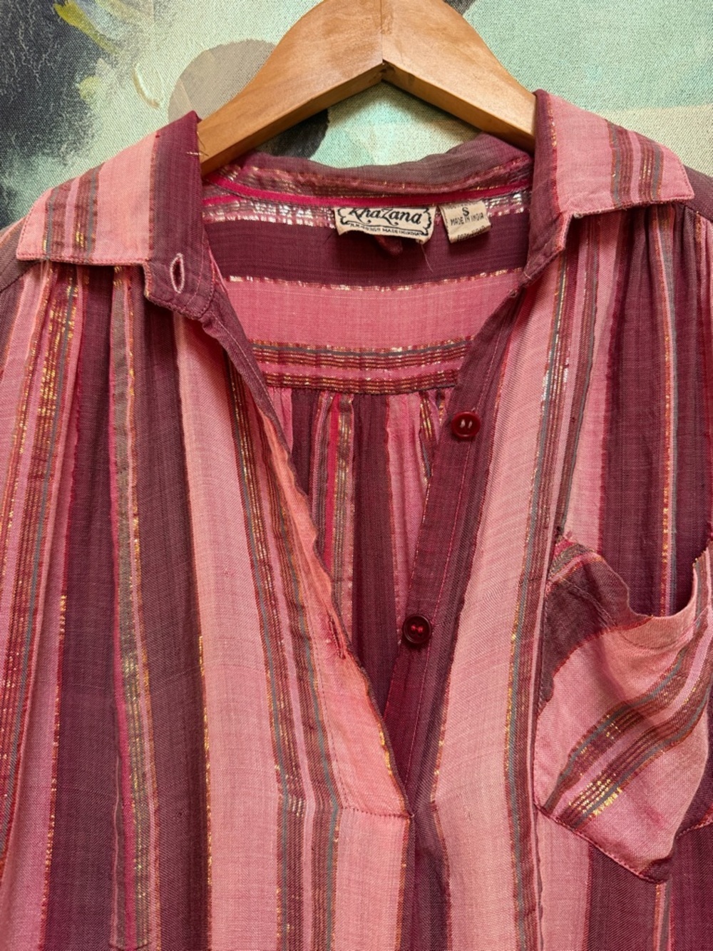 Vintage Indian Cotton Gauze Blouse Pink Metallic Stripes Size small - Picture 11 of 14